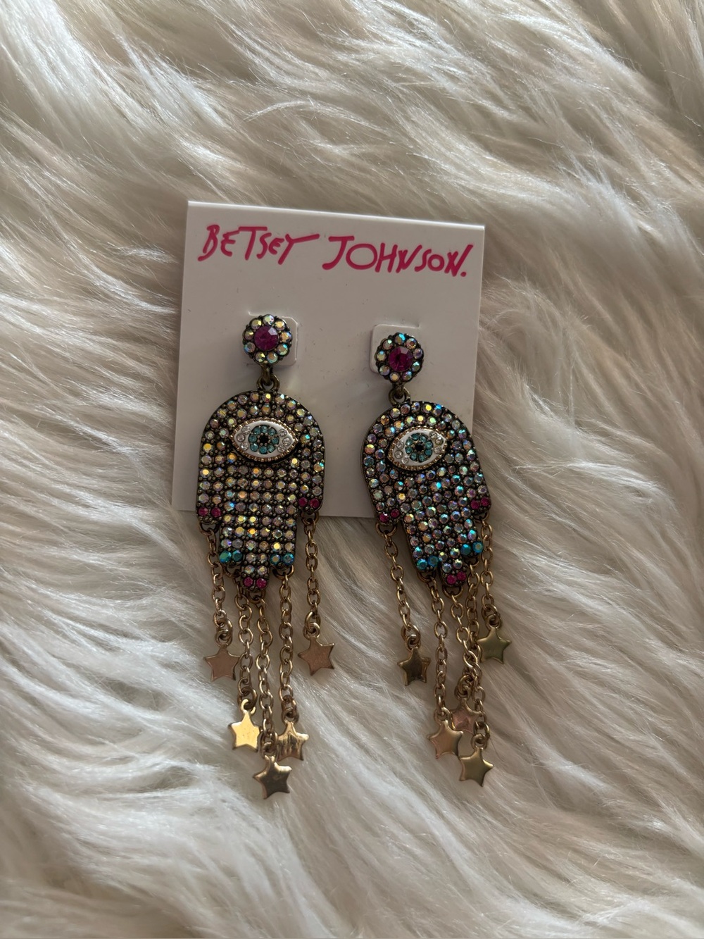Betsey Johnson Gold-Tone Multicolor Hamsa Dangle Earrings with Star Charms